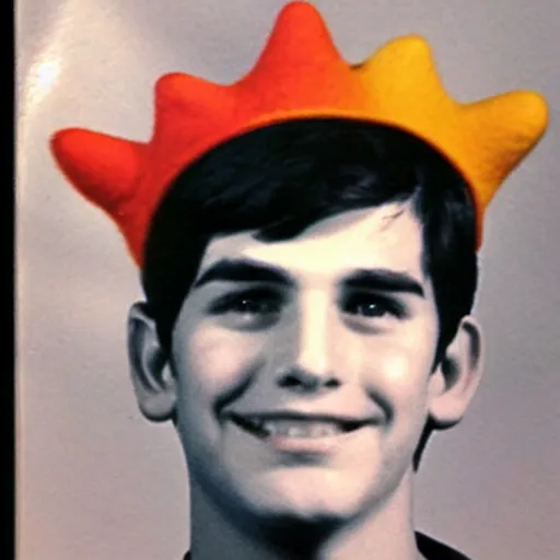 Image similar to a yearbook photo from 1966 of Jughead Jones, wearing a felt crown