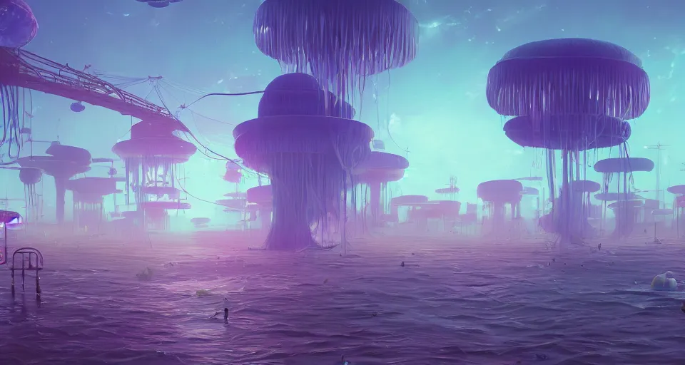 Prompt: A Jellyfish city rendered by Beeple, Makoto Shinkai, syd meade, simon stålenhag, environment concept, digital art, unreal engine, WLOP, trending on artstation, low level, 4K UHD image, octane render,