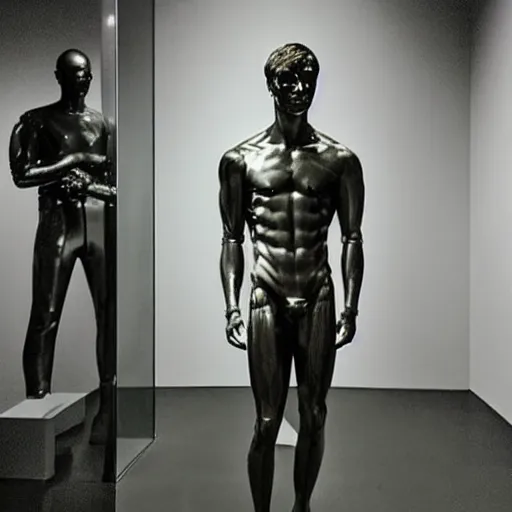 Image similar to “ a realistic detailed photo of a guy who is an attractive humanoid who is half robot and half humanoid, who is a male android, actor liam hemsworth, shiny skin, posing like a statue, blank stare, at the museum, on display ”