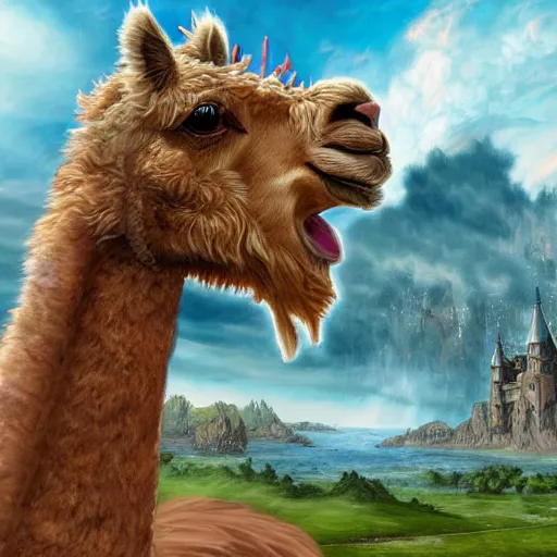 Prompt: photobomb by an alpaca, photoshoped, a castle on a flying island, masterpiece, flying island in the sky, clouds background magic the gathering coloring style, epic fantasy style art, fantasy epic digital art, epic fantasy card game art