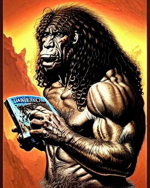 Image similar to neanderthal read science book about him, heavey metal magazine cover, character portrait, portrait, close up, concept art, intricate details, highly detailed, in the style of frank frazetta, esteban maroto, richard corben, pepe moreno, matt howarth, stefano tamburini, tanino liberatore, luis royo and alex ebel