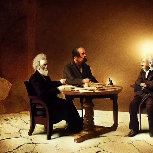 Image similar to Sokrates, Platon and Einstein discussing about general relativity, ultra high definition fantasy art, volumetric lighting
