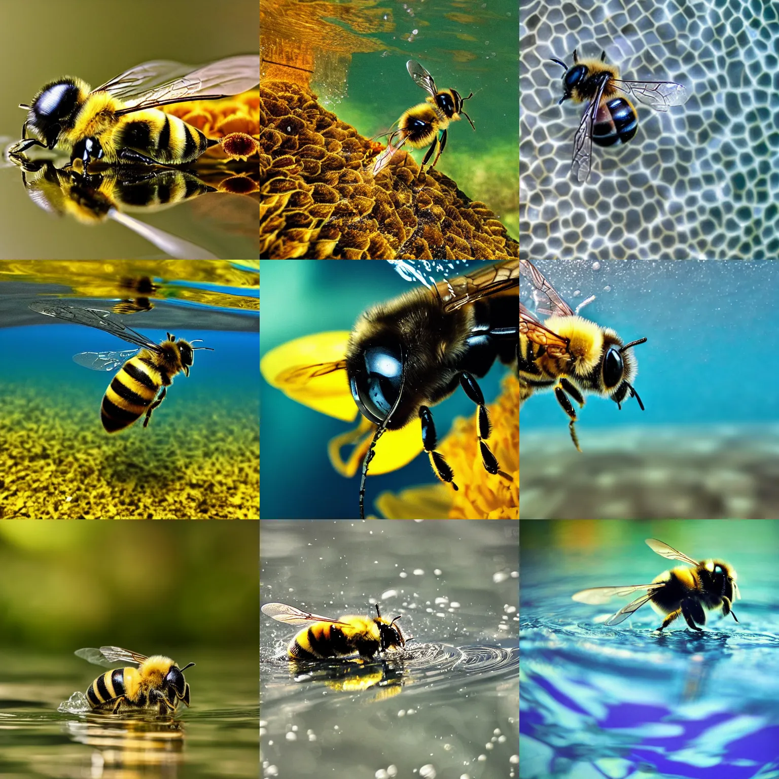 Prompt: Award winning picture of an Bee swimming under the water, macro photography, warm ambient light