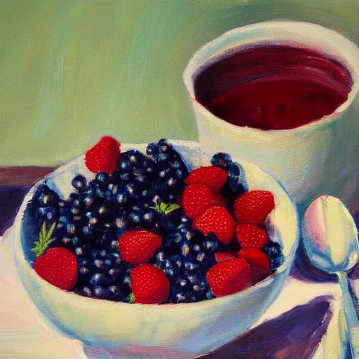 Image similar to a painting of a bowl of berries and a cup of tea, a still life by juliette wytsman, featured on deviantart, american impressionism, rich color palette, acrylic on canvas