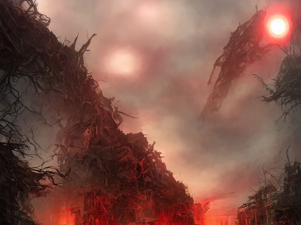 Image similar to an alien invasion on earth doomsday, red giant sun, red sky, dead buildings and trees, ufos, brutal, digital painting, artstation, concept art, soft light, hdri, smooth, sharp focus, illustration, fantasy, intricate, elegant, highly detailed, D&D, matte painting, in the style of Greg Rutkowski and Alphonse Mucha and artemisia, 8k, highly detailed, jurgens, rutkowski, bouguereau, pastoral, rustic, georgic, detailed concept art, illustration, colorful pastel, painting, detail, ultra detailed, digital art, 4K,