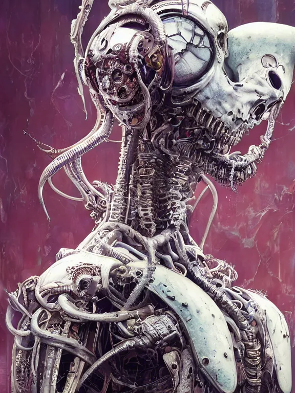 Image similar to portrait art of 8k ultra realistic undead eldritch horror ghost in the shell , detailed intricate ornate armour,decaying, cybernetic, full of colour, cinematic lighting, battered, trending on artstation, 4k, hyperrealistic, focused, extreme details,unreal engine 5, cinematic, masterpiece, art by ayami kojima, giger