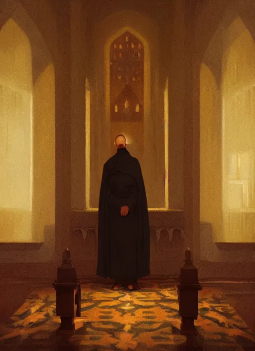 Image similar to symmetry!! oil painting of a weeping tonsured dominican monk in a brown habit, kneeling in a dark empty chapel, hazy, digital art, artstation, cinematic, golden hour, digital art painting by greg rutkowski, cozy atmosphere, cinematic lighting