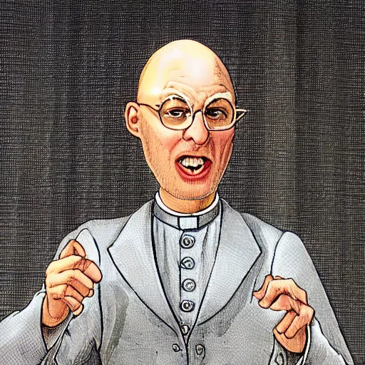 Prompt: old bald pastor with glass preaching vile nonsense