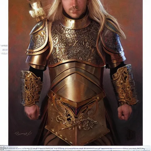 Prompt: Beautiful male cleric with long flowing blonde hair wearing burnished bronze armour emblazoned with a swan on the breastplate wielding a magical scimitar embossed with the phases of the moon, fantasy D&D character, portrait art by Donato Giancola and Bayard Wu, digital art, trending on artstation, 4k