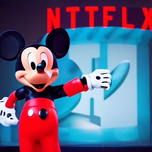 Prompt: a red work crew making a big mickey mouse head in front of a netflix logo background, hyper realism, octane render