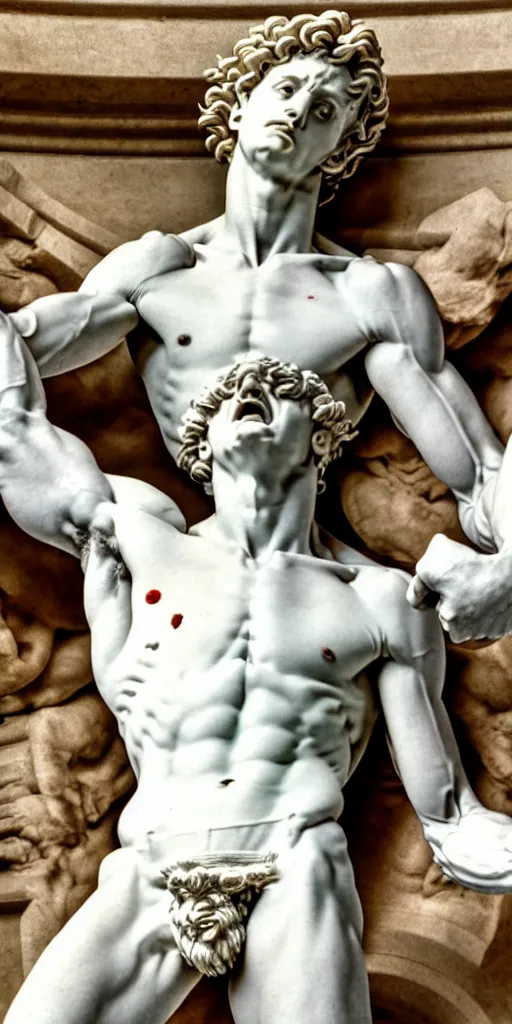 Image similar to twenty three year old michelangelo carving a block of white marble into the torso of the statue of david, photorealistic, hyperdetailed, studio lighting, octane render, caustics