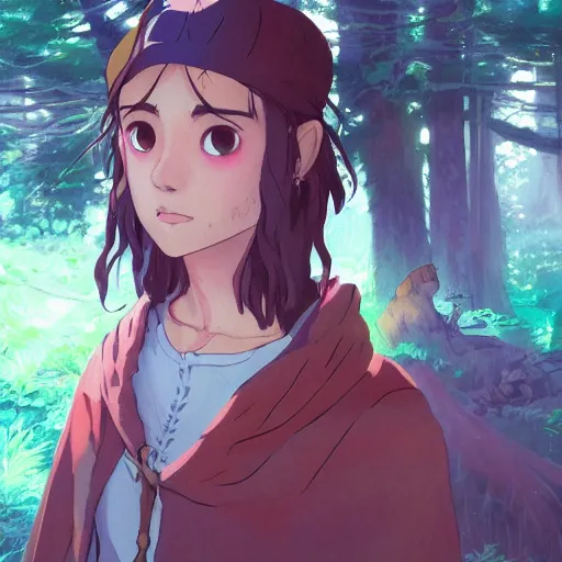 Image similar to portrait of san from princess mononoke, forest background, rich vivid colors, ambient lighting, dynamic lighting, 4k, official media, anime key visual, makoto shinkai, ilya kuvshinov, lois van baarle, rossdraws, detailed, trending on artstation