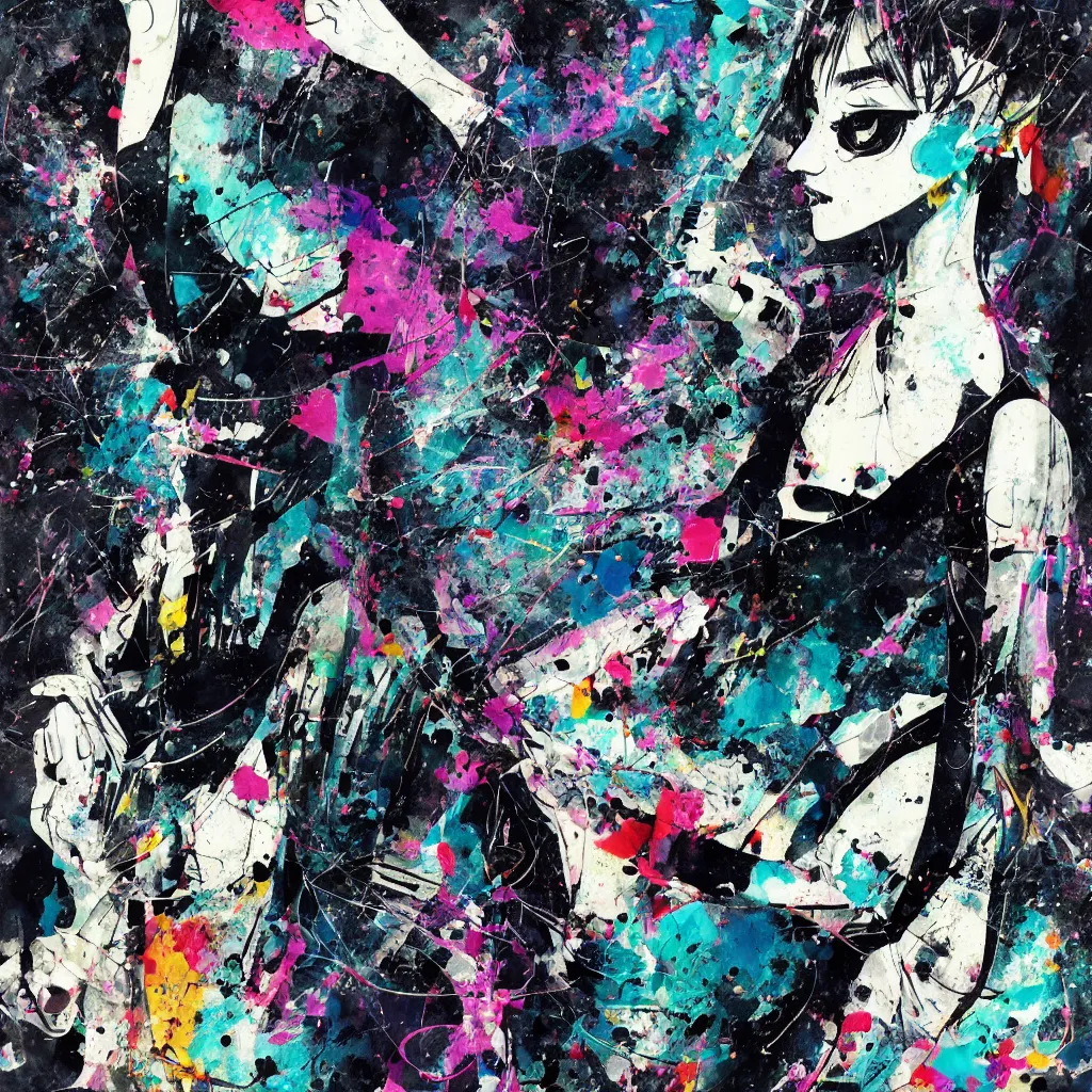 Prompt: girl figure, abstract, jet set radio artwork, ryuta ueda artwork, cryptic, rips, spots, asymmetry, stipple, lines, splotch, color tearing, pitch bending, stripes, dark, ominous, eerie, hearts, minimal, points, technical, old painting, natsumi mukai artwrok, folds