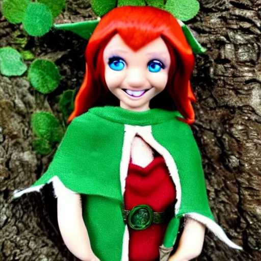 Image similar to elf druid, feminine, smiling, freckles, green eyes, red hair, tall