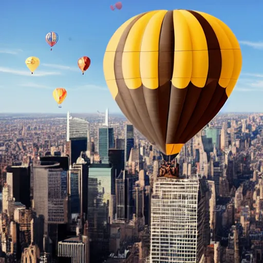 Prompt: Andy Richter wearing a brown suit and necktie riding in a hot air balloon above nyc