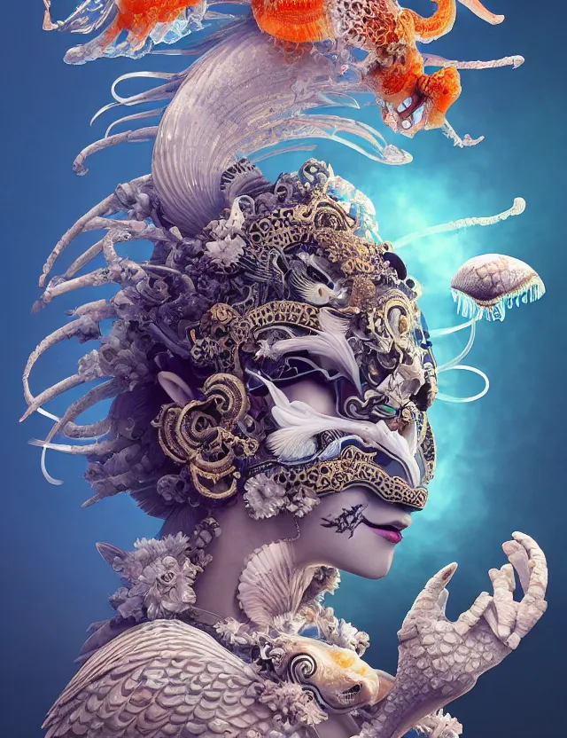 Image similar to 3 d goddess bottom - up with ram skull. beautiful intricately detailed japanese crow kitsune mask and clasical japanese kimono. betta fish, jellyfish phoenix, bio luminescent, plasma, ice, water, wind, creature, artwork by tooth wu and wlop and beeple and greg rutkowski