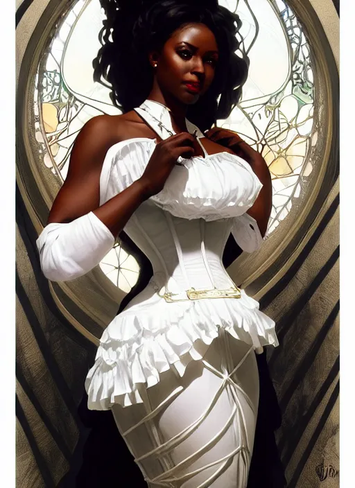 Image similar to cute black woman wearing a white corset dress, fantasy, intricate, highly detailed, digital painting, artstation, concept art, wallpaper, smooth, sharp focus, illustration, art by artgerm and greg rutkowski and alphonse mucha