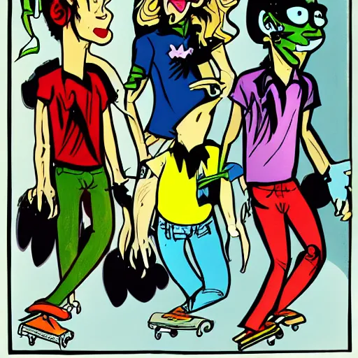 Prompt: skater character on white background, 4 - heads tall, stylized proportions by ralph bakshi hirouki imaishi inks and colors