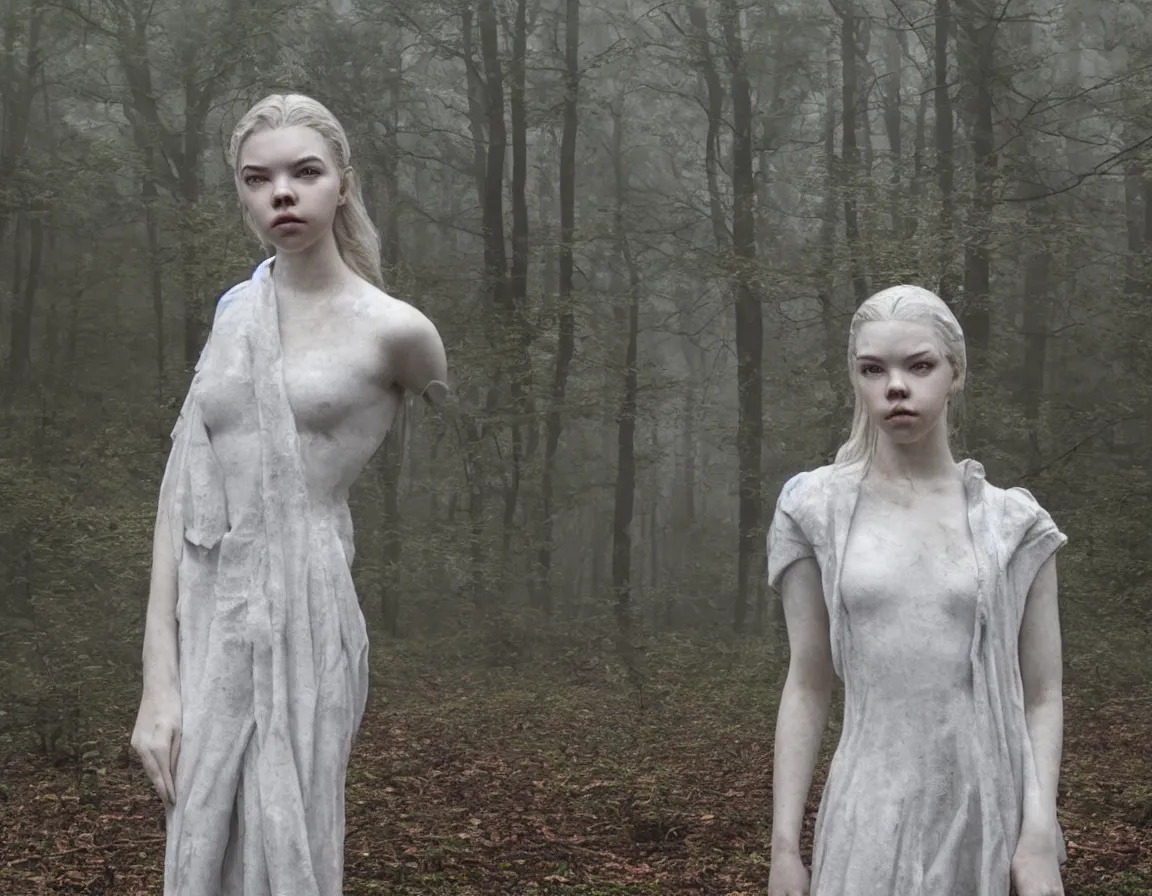 Prompt: hyper-realistic marble sculpture of anya taylor joy, foggy forest at dawn, abandoned, gloomy, full body portrait, photography