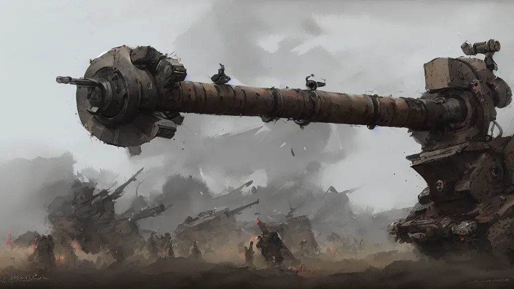 Prompt: howitzer cannon, watercolored, jakub rozalski, dark colours, dieselpunk, artstation