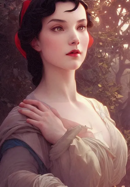 Prompt: snow white and hunter, intricate, elegant, highly detailed, digital painting, artstation, concept art, smooth, sharp focus, illustration, art by artgerm and greg rutkowski and alphonse mucha and william - adolphe bouguereau