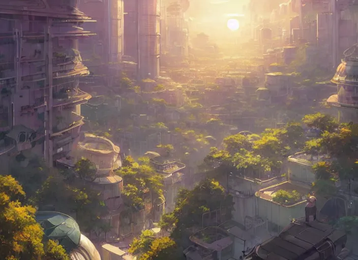 Image similar to concept art of a utopian solarpunk city, key visual, ambient lighting, highly detailed, digital painting, artstation, concept art, sharp focus, by makoto shinkai and akihiko yoshida and hidari and wlop