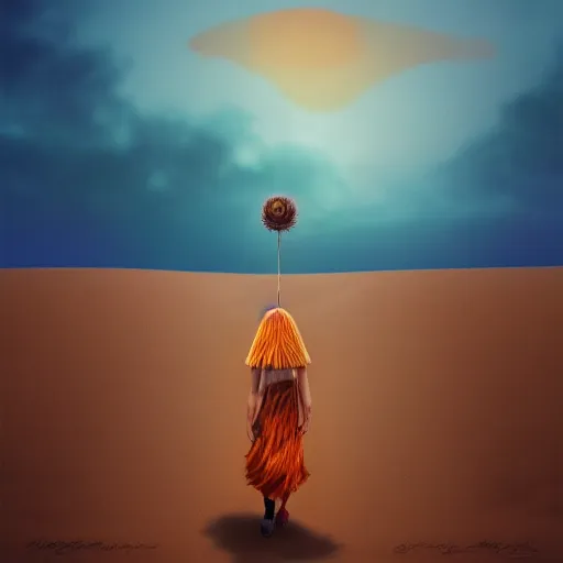 Image similar to closeup huge dahlia flower under head, a girl walking between dunes, surreal photography, sunrise, blue sky, dramatic light, impressionist painting, digital painting, artstation, simon stalenhag