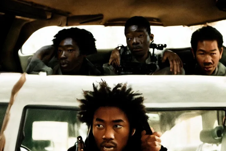 Prompt: movie diverse interracial team of Japanese robbers armed with rifles interior van, beautiful skin, Symmetrical faces. natural lighting by Emmanuel Lubezki