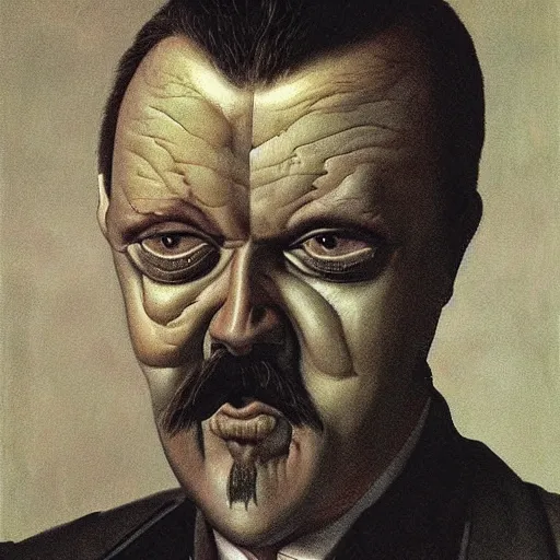 Image similar to Portrait by H.R.Giger of Igor Ivanovich Strelkov very degraded Abomination, photo-realistic, 2K, highly detailed, bodyhorror