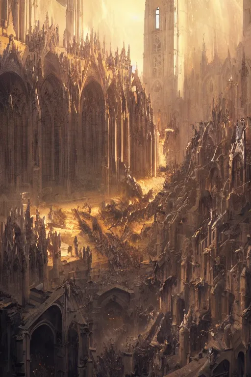 Image similar to epic battle between human warriors mages and demons, cathedrals and abbeys, by greg rutkowski