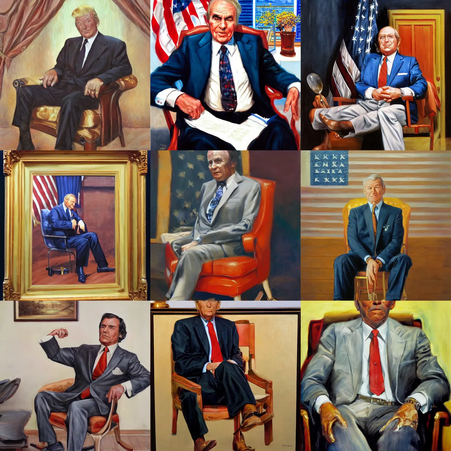 Prompt: painting of the united states president in a suit sitting in a chair, 1 9 7 2, a fine art painting by mort kunstler, john howard sanden, reddit contest winner, american realism, oil on canvas, masterpiece, hyper realism