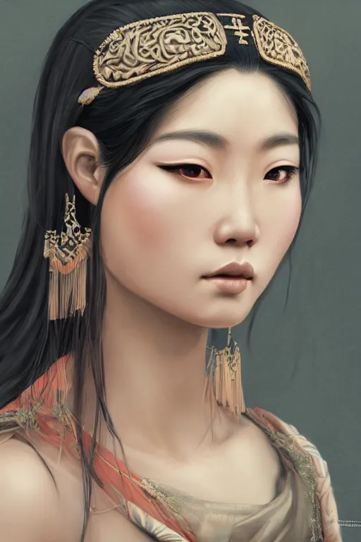 Prompt: a portrait of an lonely asian goddess, detailed, realistic eyes, horizontal partial symmetry features proportions, intricate facial details, cybertech wear, award winning, trending in cgsociety artstation deviant art