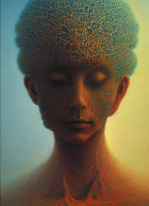 Image similar to dramatic portrait painting of human with black mandelbrot fractal instead of face, in style of zdzisław beksinski,