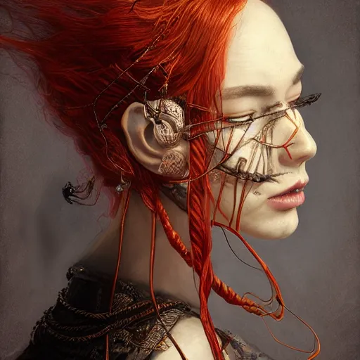 Image similar to portrait of a Shibari rope wrapped face and neck, headshot, insanely nice professional hair style, dramatic hair color, digital painting, of a old 13th century, traveler, amber jewels, baroque, ornate clothing, scifi, realistic, hyperdetailed, chiaroscuro, concept art, art by Franz Hals and Jon Foster and Ayami Kojima and Amano and Karol Bak,