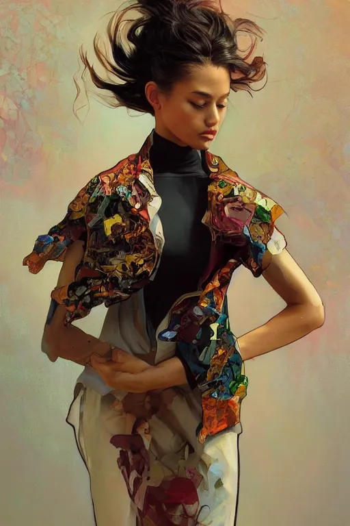 Image similar to an hyper intricate oil painting of gen z model wearing a fashion outfit with a clean t - shirt for mockups, full body ultra fashion model pose by vogue, excellent composition, by yoshitaka amano, by greg rutkowski, by alphonse mucha, by rhads, by ross tran, trending on artstation