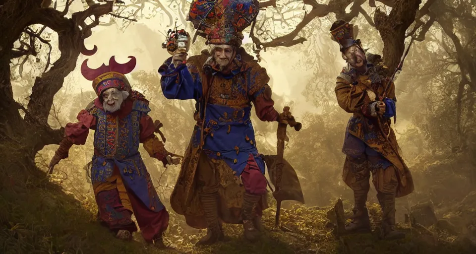 Prompt: robert de niro as medieval jester, crazy colorful clothing with a heavy golden mace in his left hand and a beer jug in his right hand, full body shot and detailled face, symmetrical face, intricate details, wandering through a forbidden forest, trending on artstation, 8k hyperrealistic, style of peter mohrbacher, octane render, unreal engine