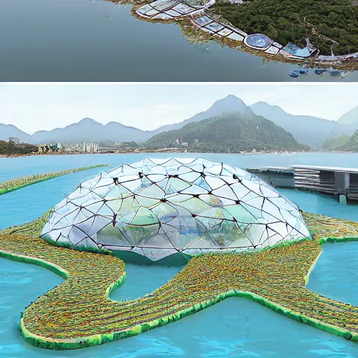 Image similar to futuristic underwater farm is situated at the the rio de janeiro shore, main access is on the water surface, through four marinas covered with a mangrove rooted on a floating dome 500 meters in diameter. Vincent Callebaut Aequoarea, modular living, co-working spaces, fab labs, recycling plants, science labs, educational hotels, sports fields, aquaponic farms and phyto-purification lagoons stack up layer by layer. the twisting of the towers is ultra-resistant to hydrostatic pressure. its geometry allows it to fight marine whirlpools and thus reduce motion sickness.bioluminescence thanks to symbiotic organisms that contain luciferin which emits light through oxidation, 8k,