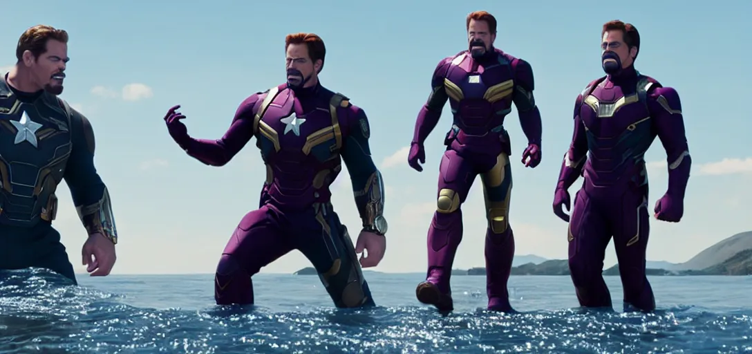 Prompt: a very high resolution image from a new movie. thanos kissing tony stark while capitan america watches on a lake, photorealistic, photography, directed by wes anderson