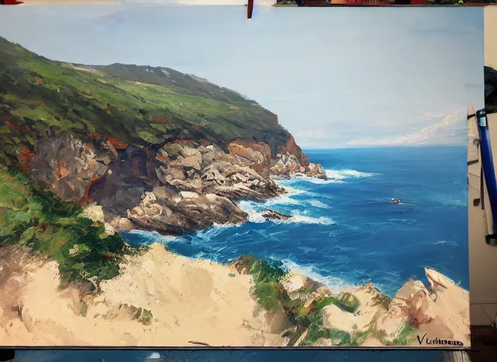 Image similar to villane base of James Bond, coastal perched on a cliff overlooking a magnificient bay, concept art oil painting by Jama Jurabaev, extremely detailed, brush hard, artstation