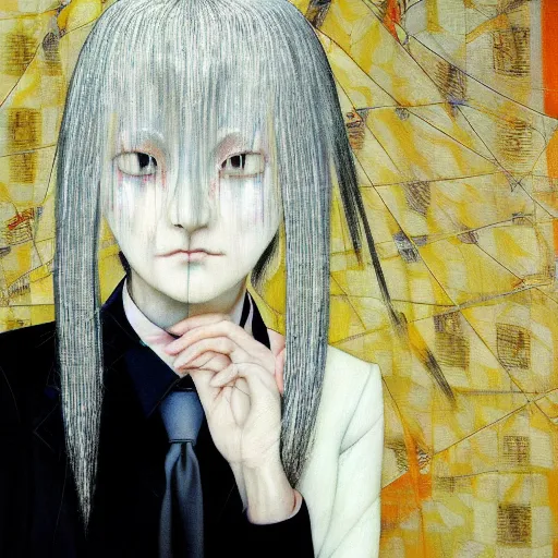 Image similar to yoshitaka amano blurred and dreamy realistic portrait of a woman with white hair and black eyes wearing dress suit with tie, junji ito abstract patterns in the background, satoshi kon anime, noisy film grain effect, highly detailed, renaissance oil painting, weird portrait angle, blurred lost edges, three quarter view