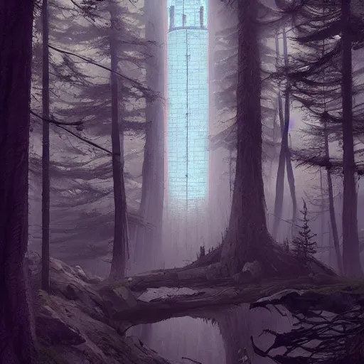 Image similar to a magical tower in the middle of the woods, magical forest, by Jordan Grimmer and greg rutkowski, crisp lines and color,