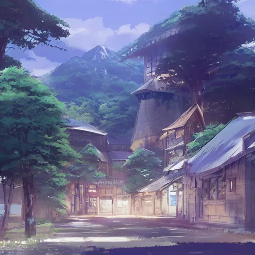 Prompt: The Quite Town at the Foot of the Mountain, Anime concept art by Makoto Shinkai