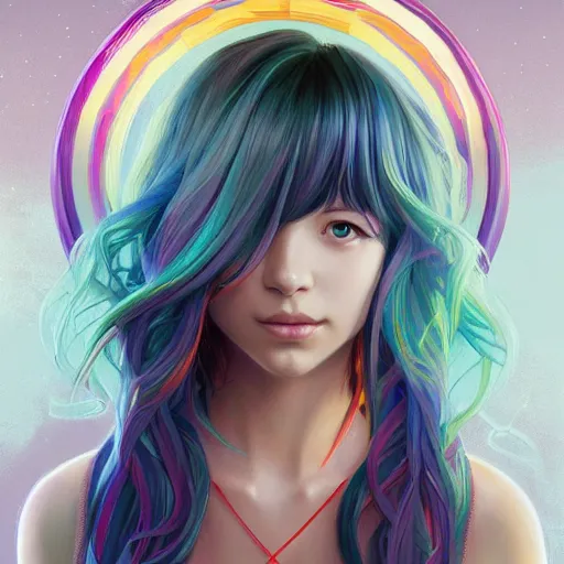 Image similar to portrait of beautiful symmetrical anime girl, rainbow hair, attractive, casual, modern, victoria's secret, highly detailed, digital painting, artstation, concept art, smooth, sharp focus, illustration, art by artgerm, greg rutkowski and alphonse mucha, 8 k,