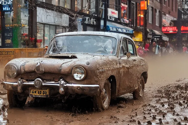 Prompt: street photography by saul leiter, in a muddy new york high quality street, award winning photo of an ultra detailed dirty high quality vintage ford car speeding very fast on mud, fast shutter speed, motion blur, tiny gaussian blur, highly detailed, highly intricate, depth of field, trending on top gear