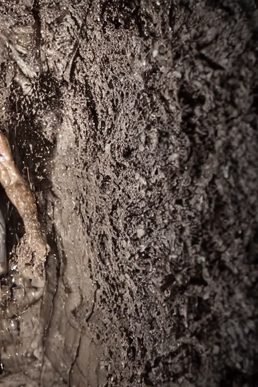 Prompt: cinematic still randy mantooth covered in mud stuck inside a giant flash hole, 4 k, dramatic lighting