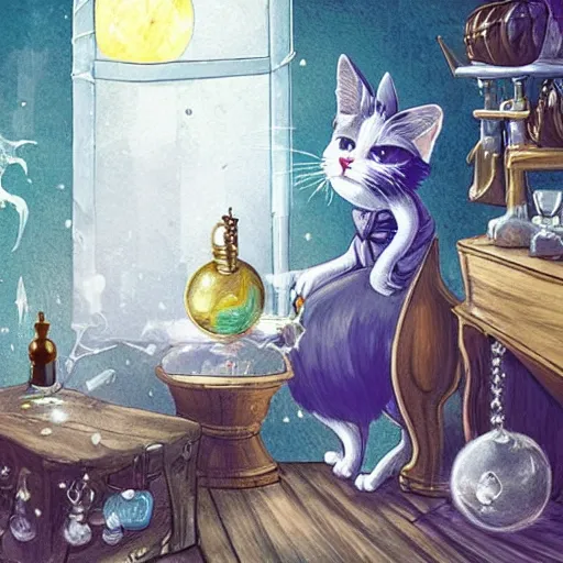 Image similar to a full body beautifull witch with white hair in an old room a cristal ball in a wood table with a potions and old instruments in the floor a white cat licking his paw in a fantasy style paiting