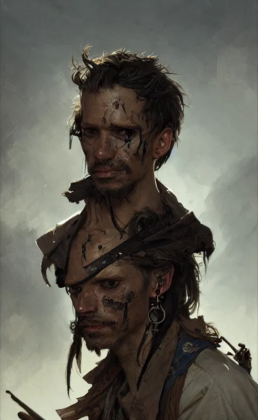 Image similar to a portrait of a male pirate, sick and skinny, dirty face, no teeth, concept art, deep focus, intricate, highly detailed, digital painting, artstation, matte, sharp focus, illustration, art by greg rutkowski and alphonse mucha