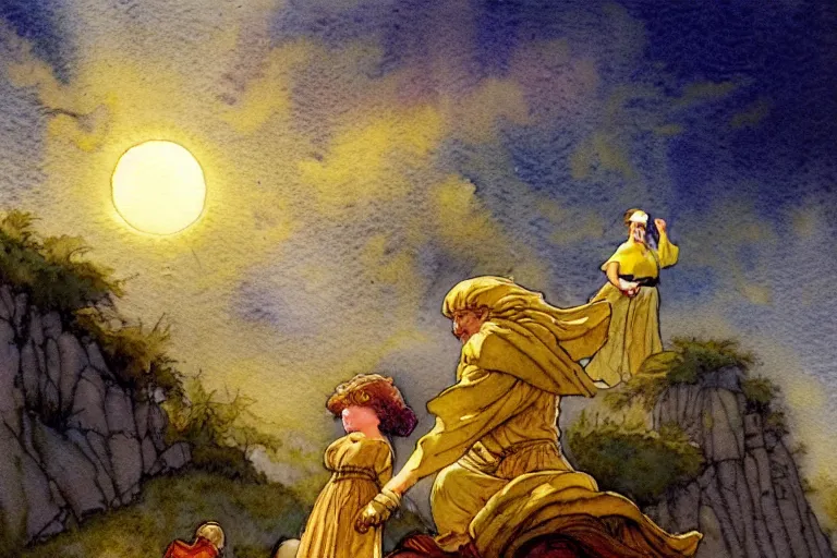 Prompt: a hyperrealist watercolor concept art of an elegant golden ufo in the sky abducting a medieval peasant child. very muted colors, by rebecca guay, michael kaluta, charles vess. high detail, hq, wide shot, 4 k