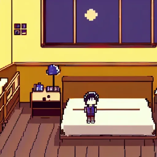 Prompt: rpg maker style bedroom, warm yellow lighting, omori, corpse party, to the moon, pokemon