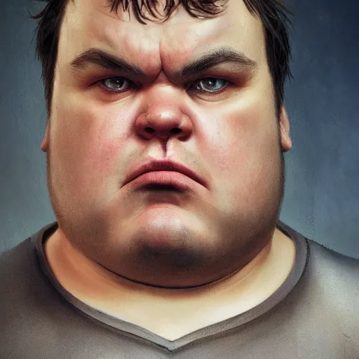 Image similar to hyperrealistic mixed media image of a grotesquely morbidly obese jack black, stunning 3 d render inspired art by istvan sandorfi and greg rutkowski, perfect facial symmetry, realistic, highly detailed attributes and atmosphere, dim volumetric cinematic lighting, 8 k octane extremely hyper - detailed render, post - processing, masterpiece,